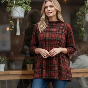 John Mark Plaid Tunic Womens Large Swing Mock Neck Burgundy Tartan Top